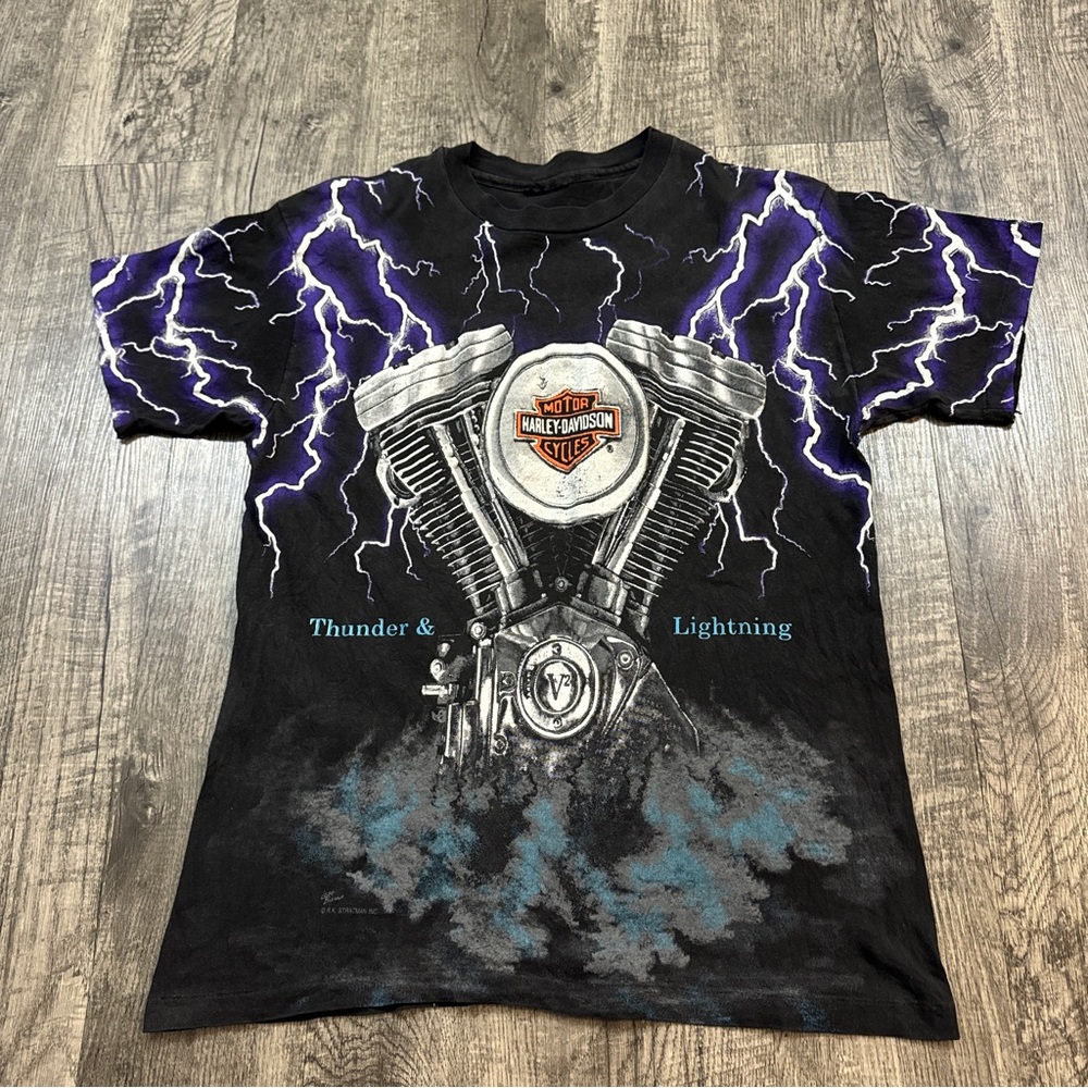 Vintage 90s Harley Davidson Thunder & Lightning AOP Tee Biker Motorcycle T Shirt - Picture 1 of 6